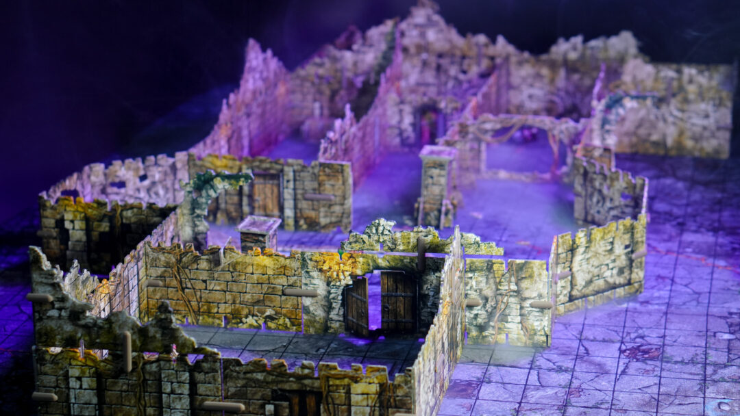 Top down view of the mephit lair, created using 3D terrain and inspired by the Cave B of the Caves of Chaos quest from the Heroes of the Borderlands D&D starter set.