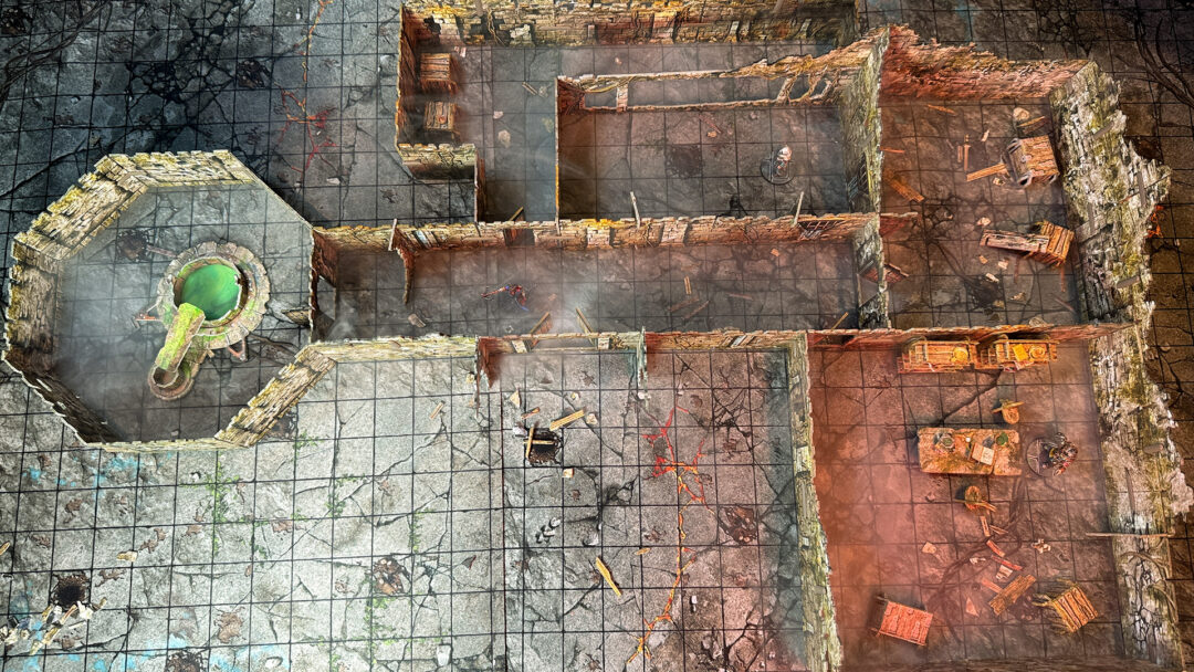 Top down view of the nothic lair, created using 3D terrain and inspired by the Cave C of the Caves of Chaos quest from the Heroes of the Borderlands D&D starter set.