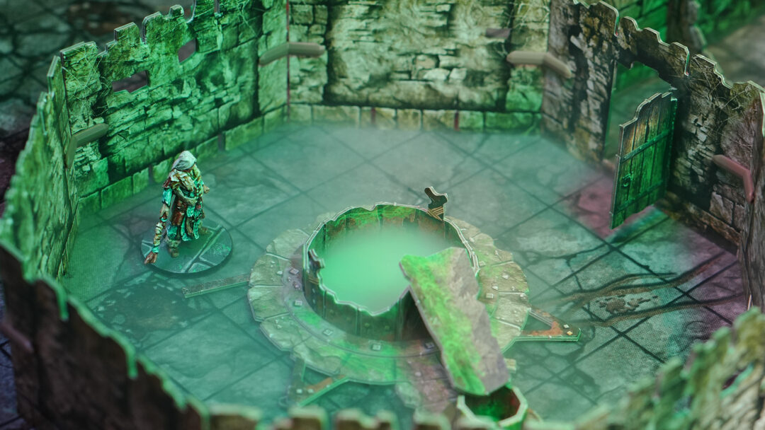 A magic user investigates the ritual chamber in the nothic lair, created using 3D terrain and inspired by the Cave C of the Caves of Chaos quest from the Heroes of the Borderlands D&D starter set.